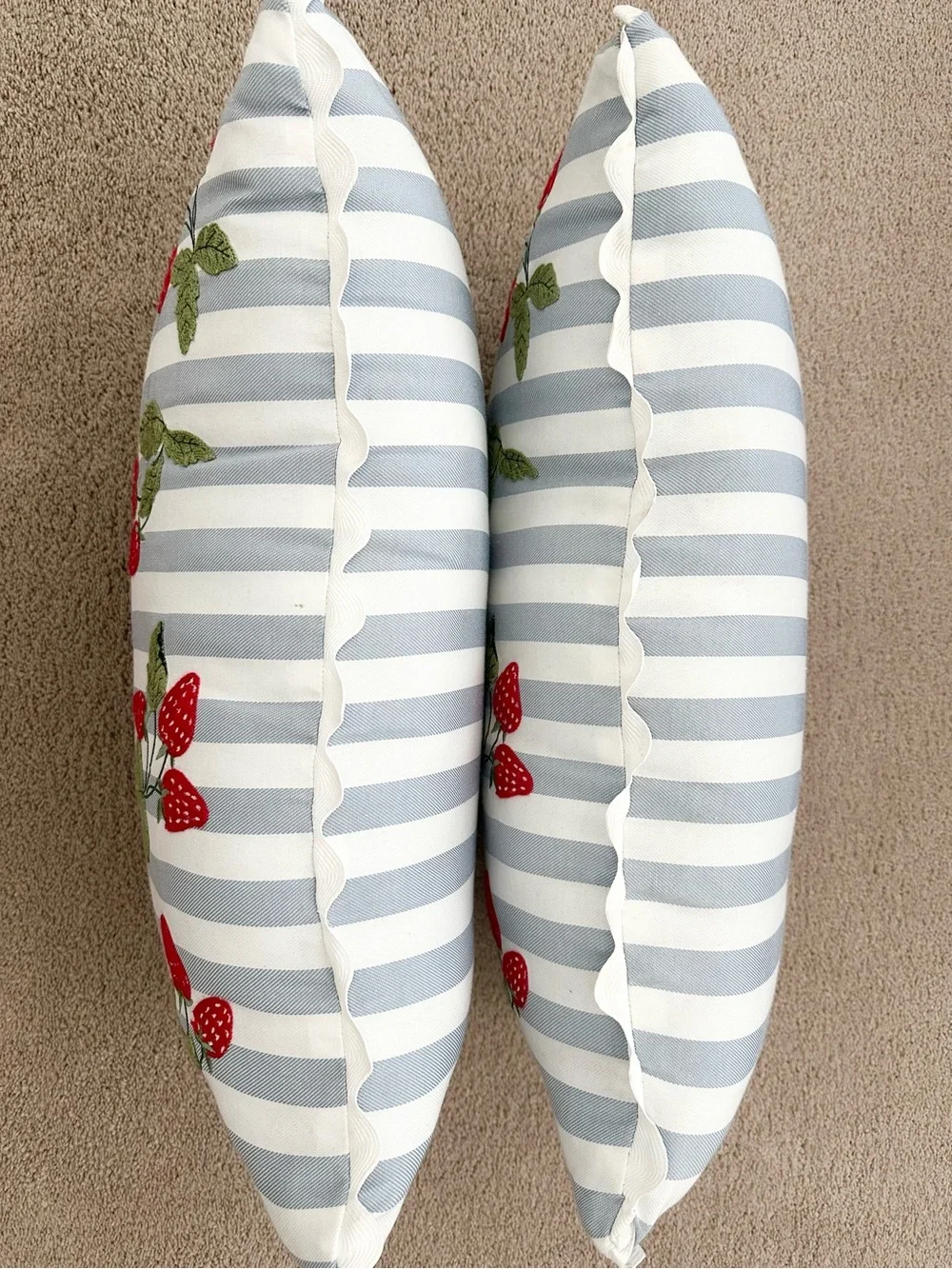 Set of 2 Strawberry Embroidered Blue & White Stripes Indoor/Outdoor Throw Pillow